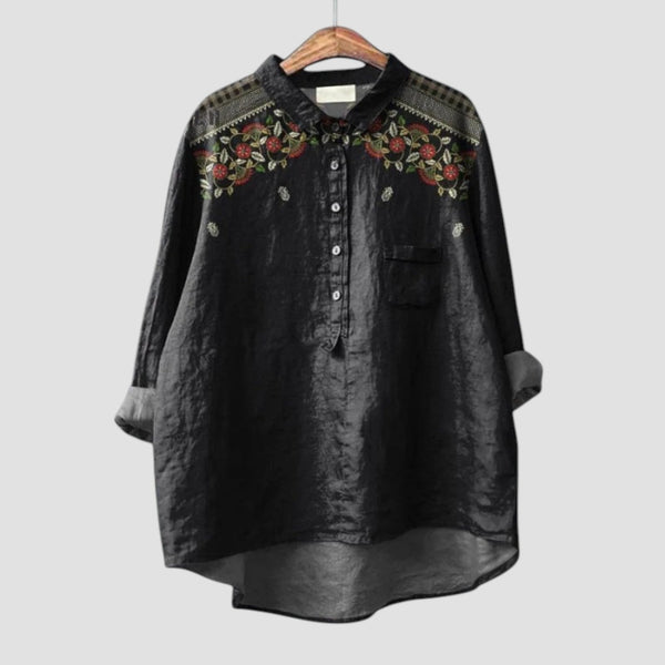 Carina™ | Czarna Koszula Oversize z Eleganckim Haftem Kwiatowym