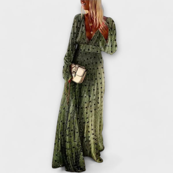 PASCUALA | ELEGANCKA SUKIENKA W GROSZKI Z DEKOLTEM W SEREK